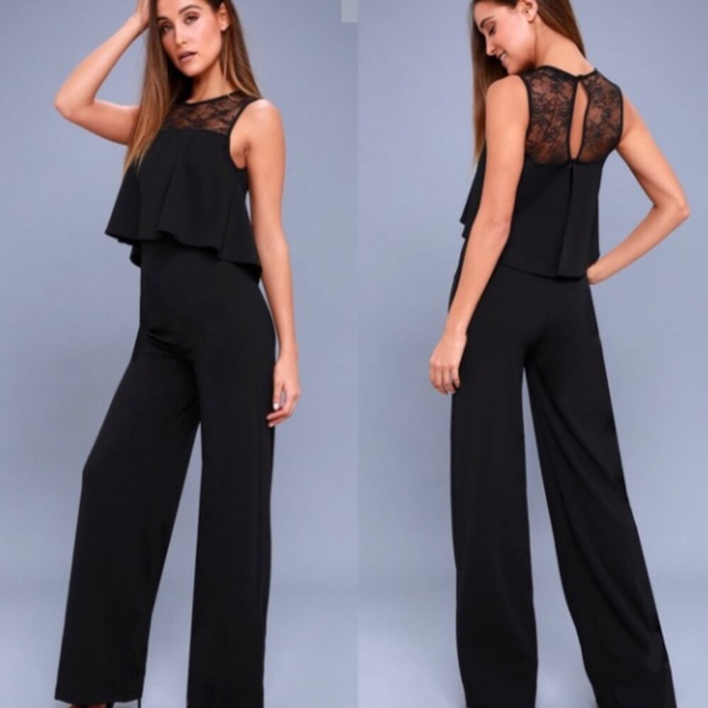 Lulu's Black Lace Trim Wide-Leg Jumpsuit